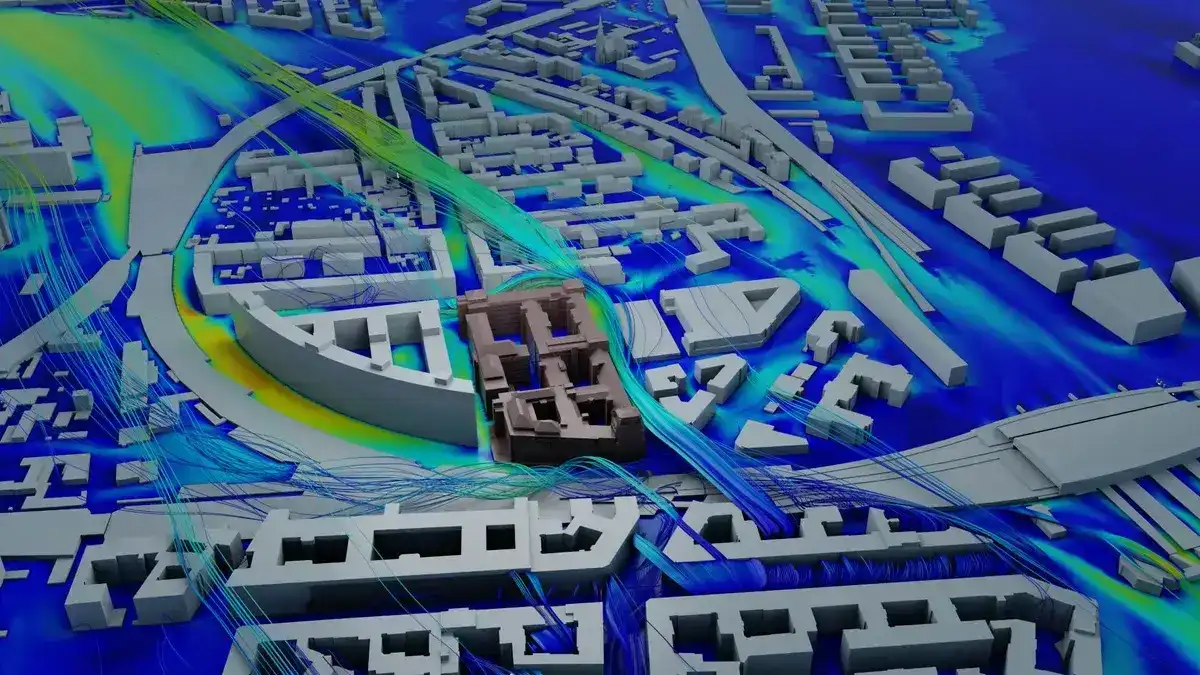 CFD streamlines showing wind flow around buildings