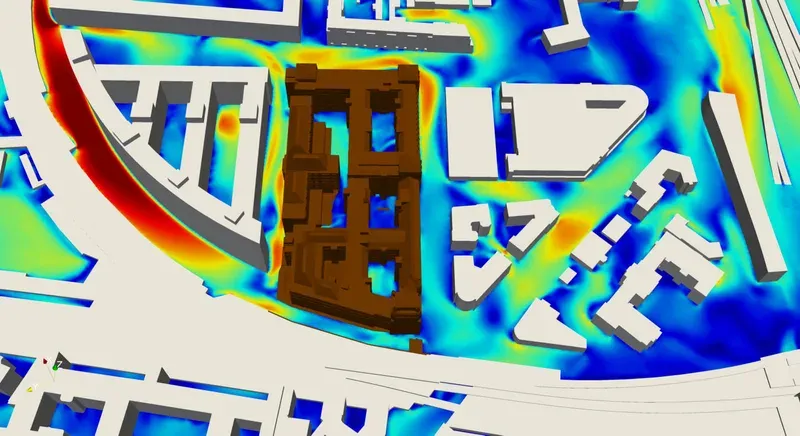 Velocity field close-up around buildings